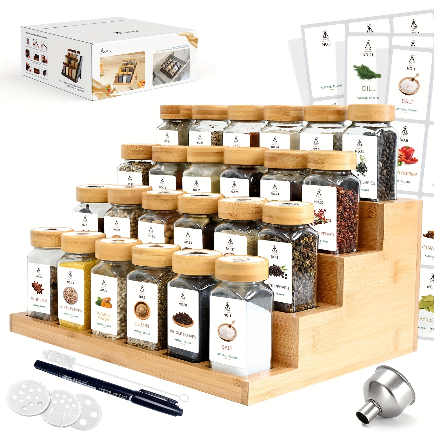 4-tier Stepped Bamboo Spice Rack | With Spice Jars, Freestanding Design, Upgraded White Labels, Stainless Steel Funnel, Shaker Lids, Polished End, Multipurpose Use