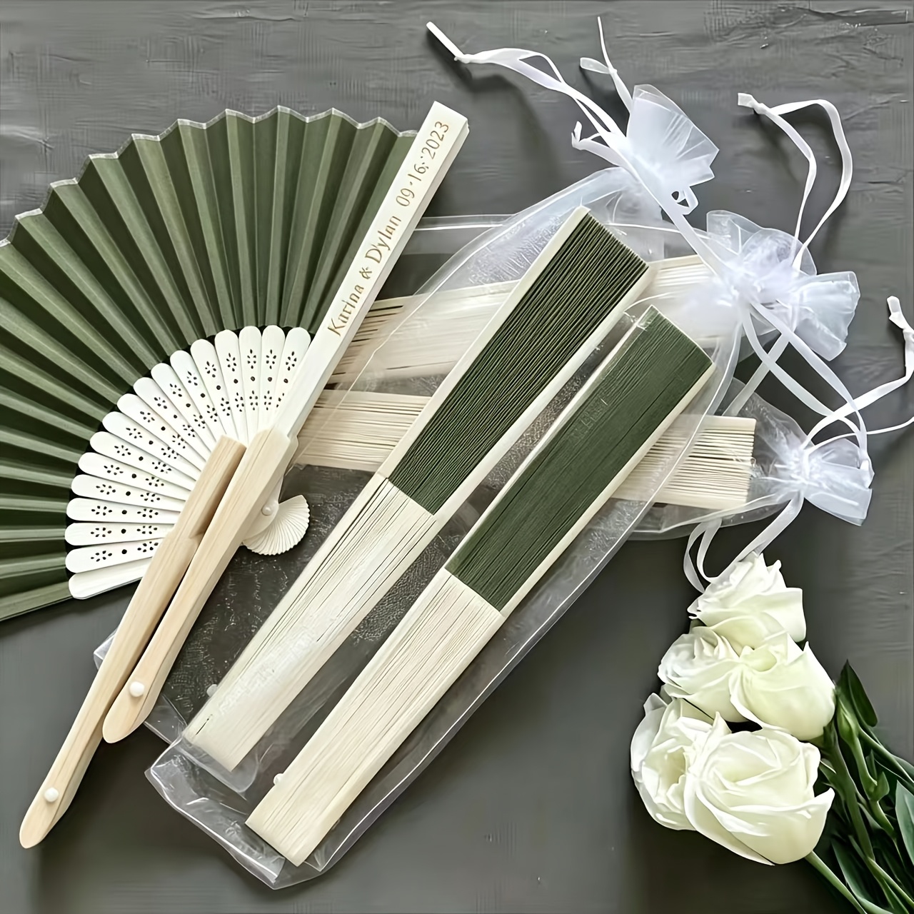 TEMU Custom 20pcs Set: 10 Folding Hand Fans + 10 Gauze Bags - Personalized Engraved Green Folding Hand Fans - Elegant Bohemian Fabric Fans, Suitable