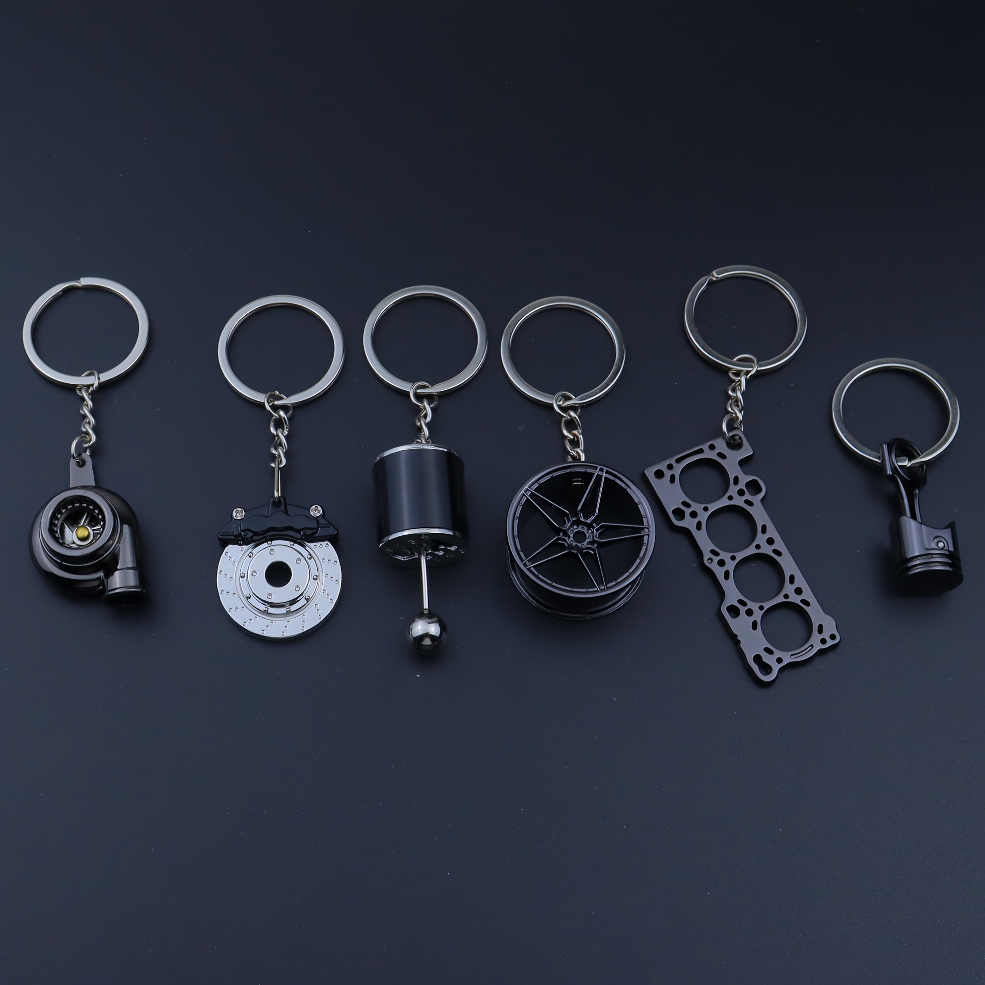 TEMU 6pcs Car Modification Keychain Set, Piston, Turbo, Rim, Gear Shift, Brake Disc, Engine Part, Car Modification Keychain, Gift Keychain