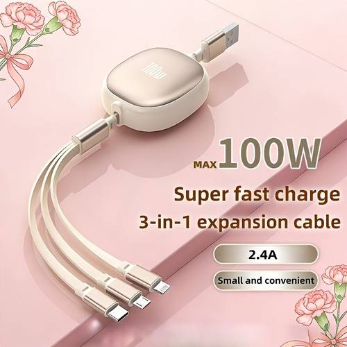3 in 1 retractable usb charging cable 100w fast charging compatible with usb to c micro usb for iphone 16 15 13 14 12 11 x huawei data sync at 480mbps
