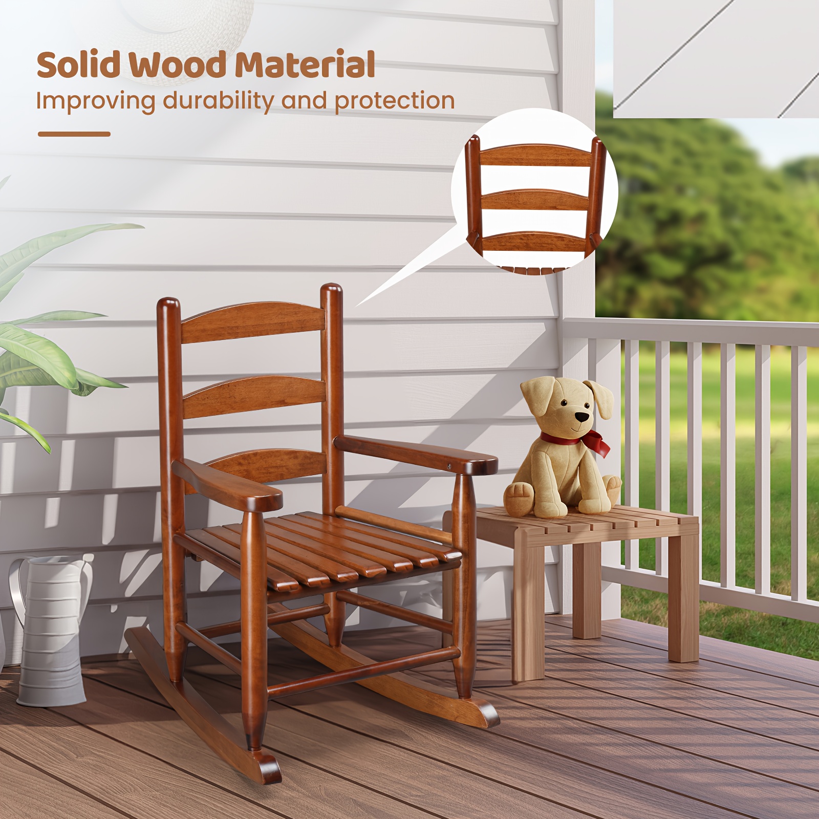 Kids Rocking Chair for 3-6 Ages, Small-Size, 14.8 X 18.5 X 22.6In, Solid Wood Material, All-Weather Wooden Porch Rocker with High Backrest, Ideal for Outdoor&Inddor, Birthday/Festival Gift for Children, Teak