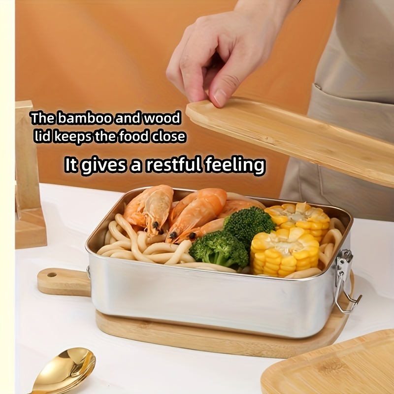 stainless steel bento box with bamboo lid portable lunch and snack food container details 2