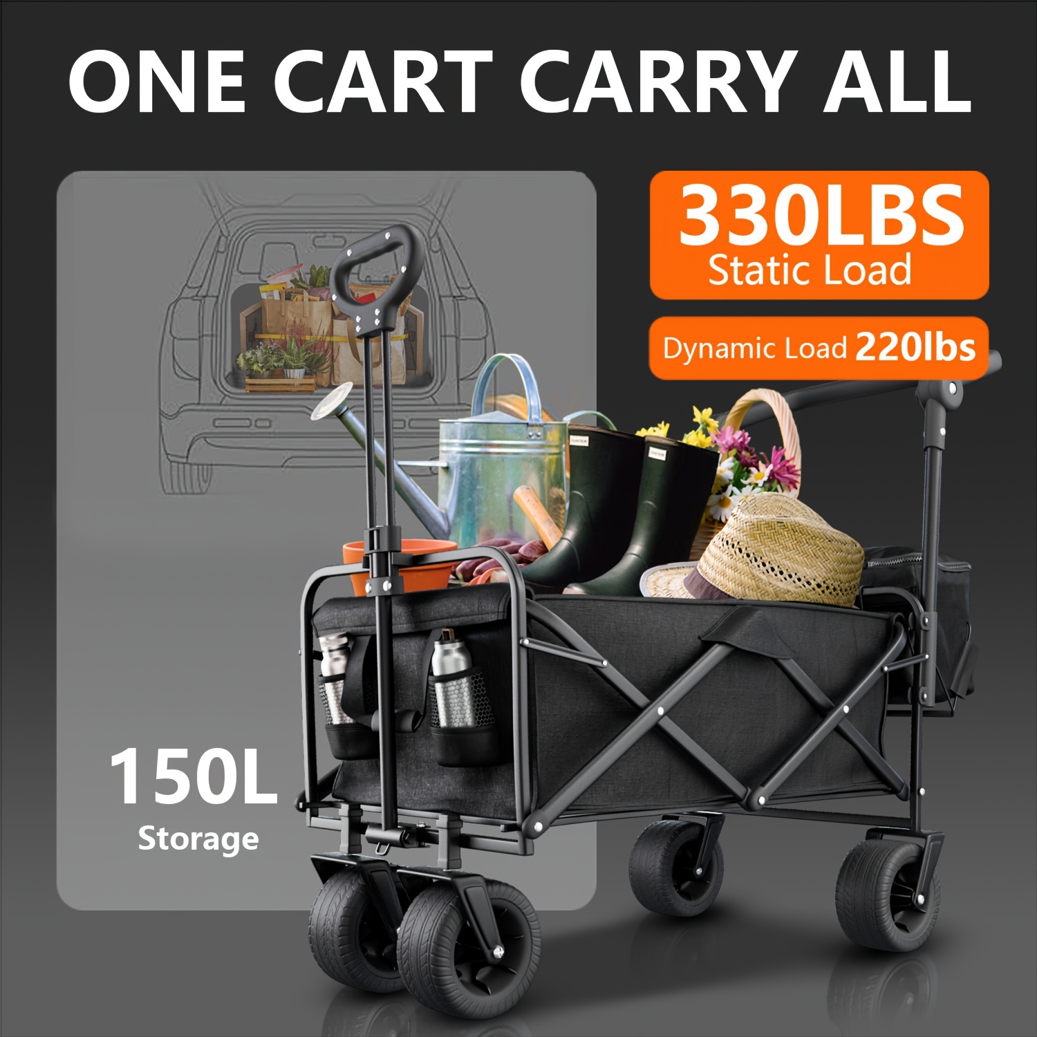 

New Foldable Collapsible Cart, Extra Large Garden Cart, Pet Cart With High Net & 180° Adjustable & 360° Wheels & Waterproof Bag, For Garden, Camping, Shopping, Outdoor, Beach, Moving