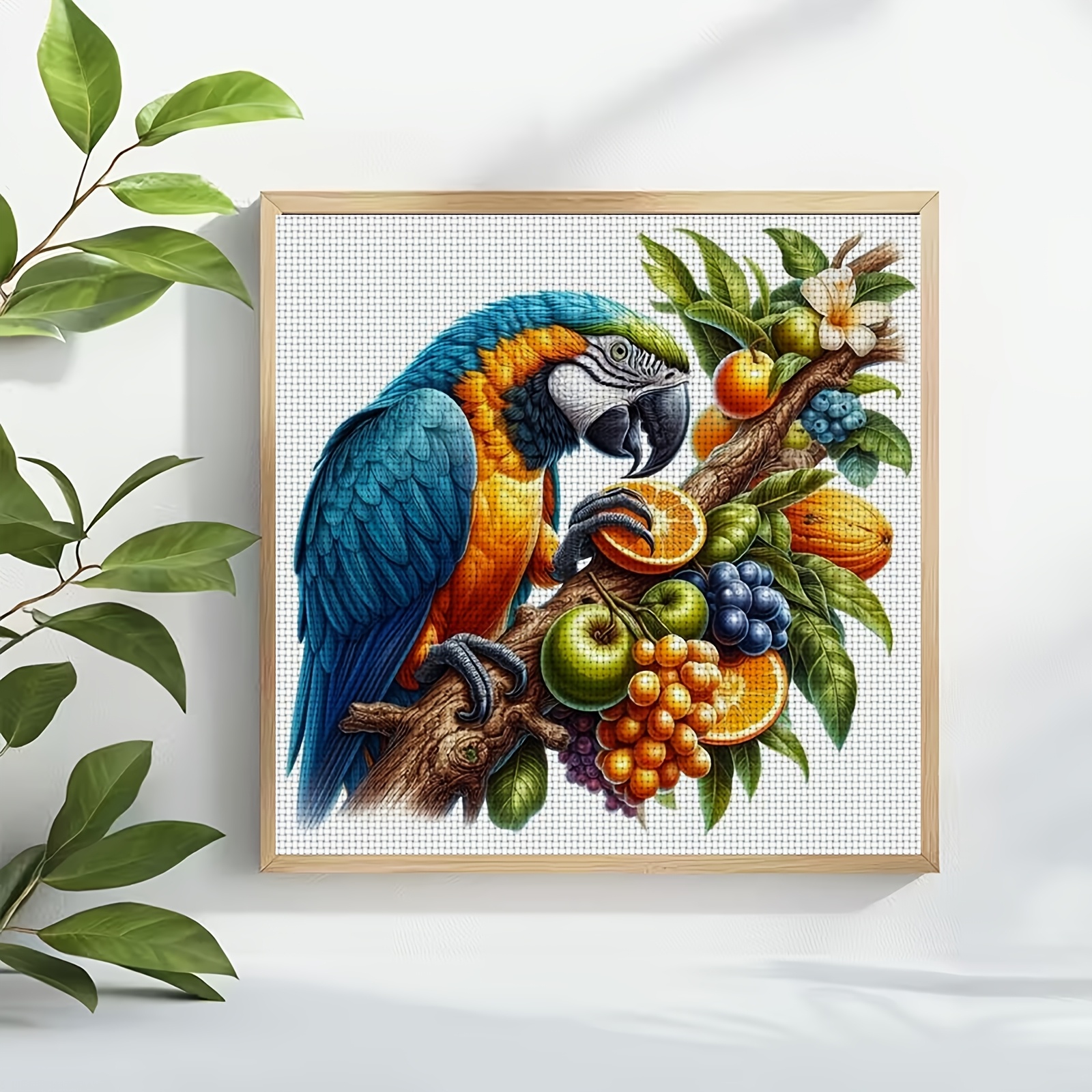 DIY Cross Stitch Print Kit 'Colorful Parrot Perched on Fruit Tree Branch'