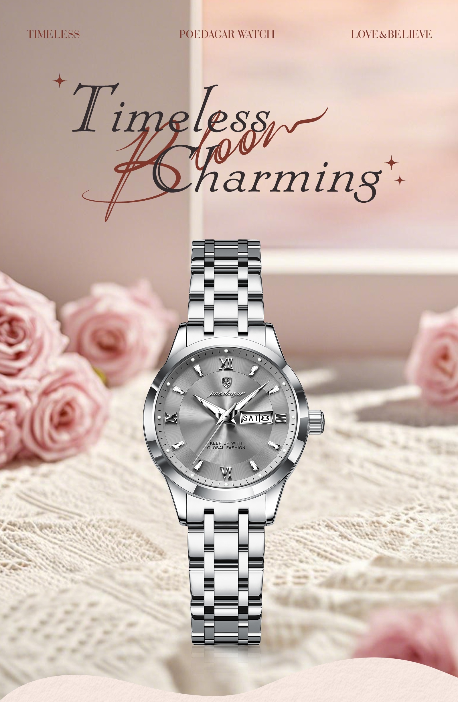 Ladies' Vintage Elegant Steel Strap Watch, Stainless Steel Quartz Wristwatch, Luminous Weekly Calendar Watch for Women