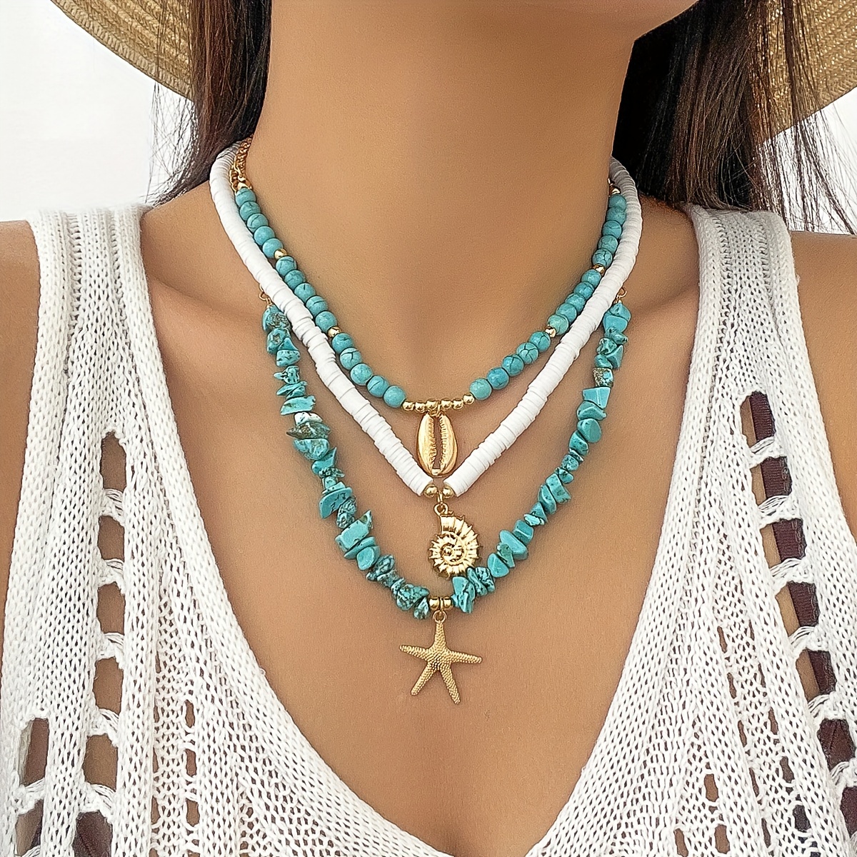 

Boho Vacation Pendant Necklace Set - 3 Piece Turquoise Beaded Starfish And Shell Charms, Acrylic No Plating, Versatile Jewelry For Daily And Beach Wear, Unisex Seasonal Accessories