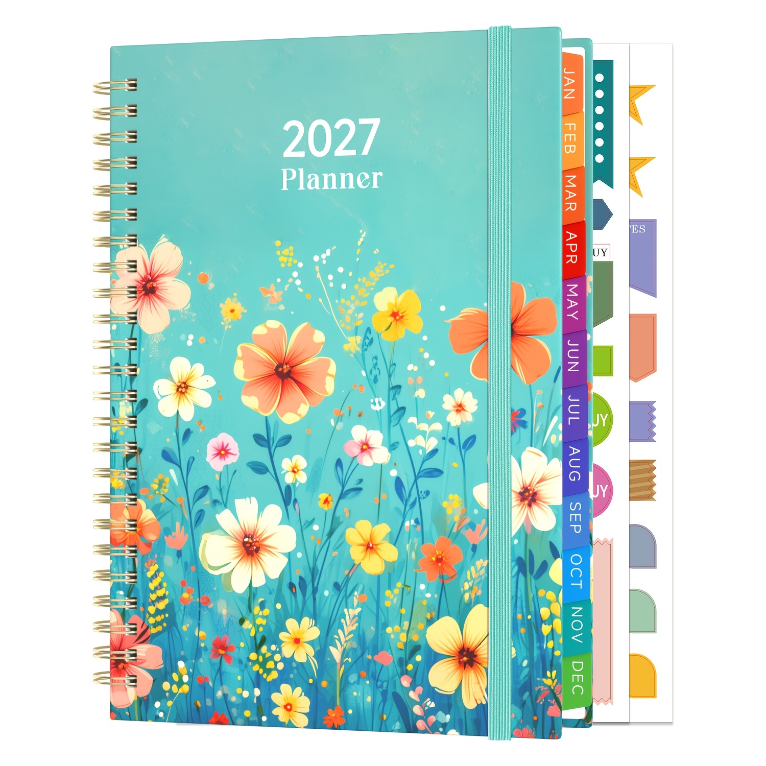 TEMU Agenda Hebdomadaire Dzhzal 2027 Format A5 à Couverture Rigide et Spirale avec Onglets Colorés Enduits, Calendrier Janv-Déc 2027, Bande Élastique