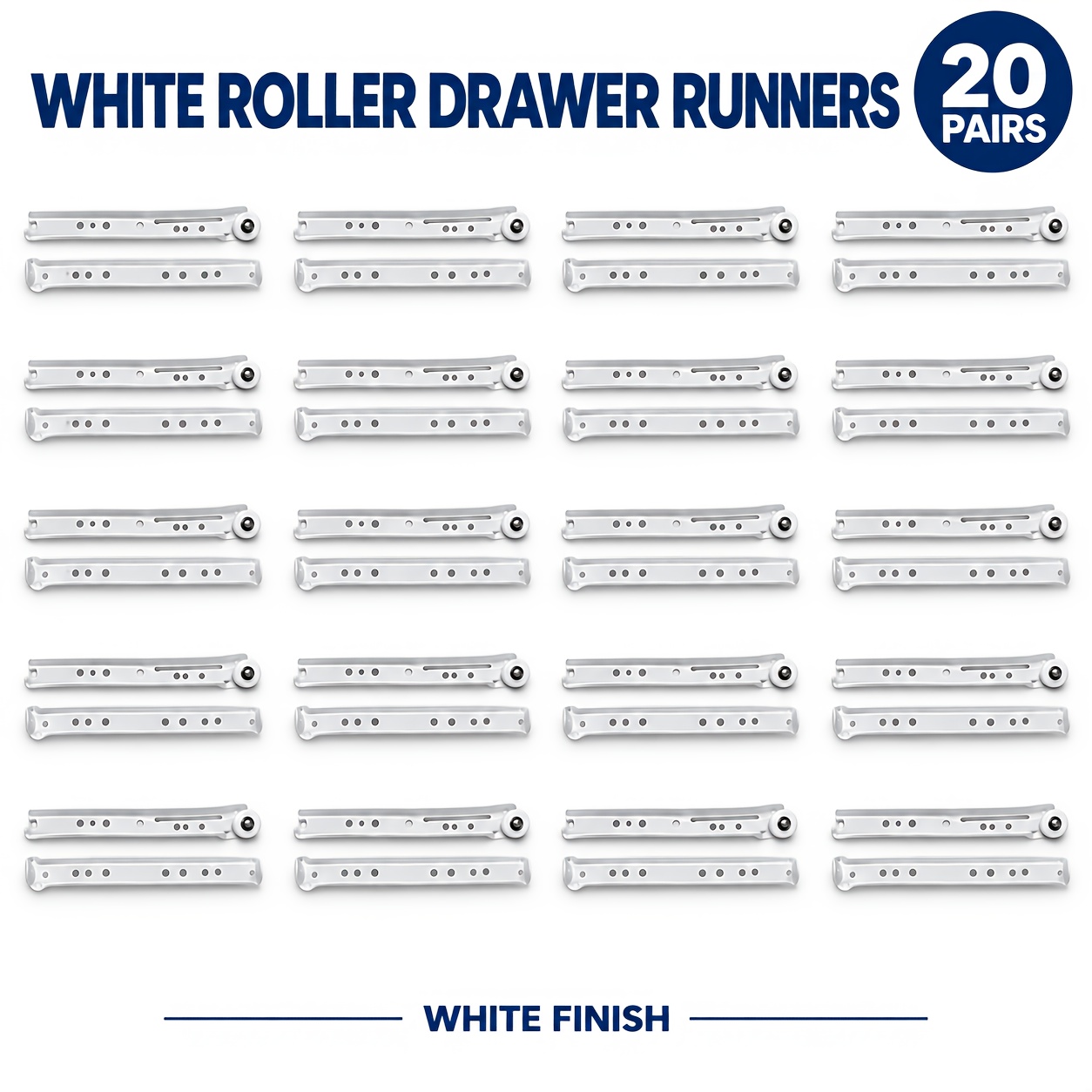 Image of 20 Pairs White Roller Drawer Slides, Metal Drawer Runners For Cabinets, Desks, Dressers And Furniture Repairs