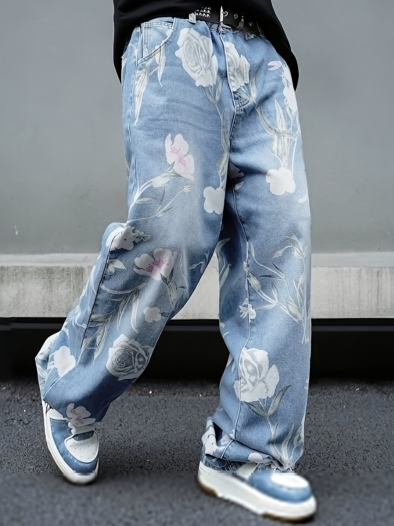 men's vintage floral print loose fit straight leg jeans blue