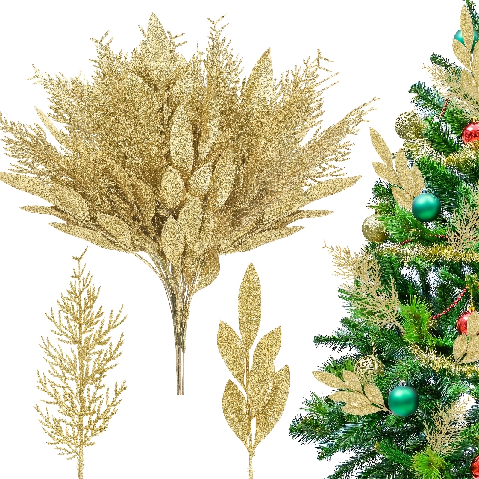 TEMU 12pcs Christmas Decorative Flowers Artificial Pine Branches 15.4-inch Artificial Plants Evergreen Cedar Branches Shimmering Artificial Leaves