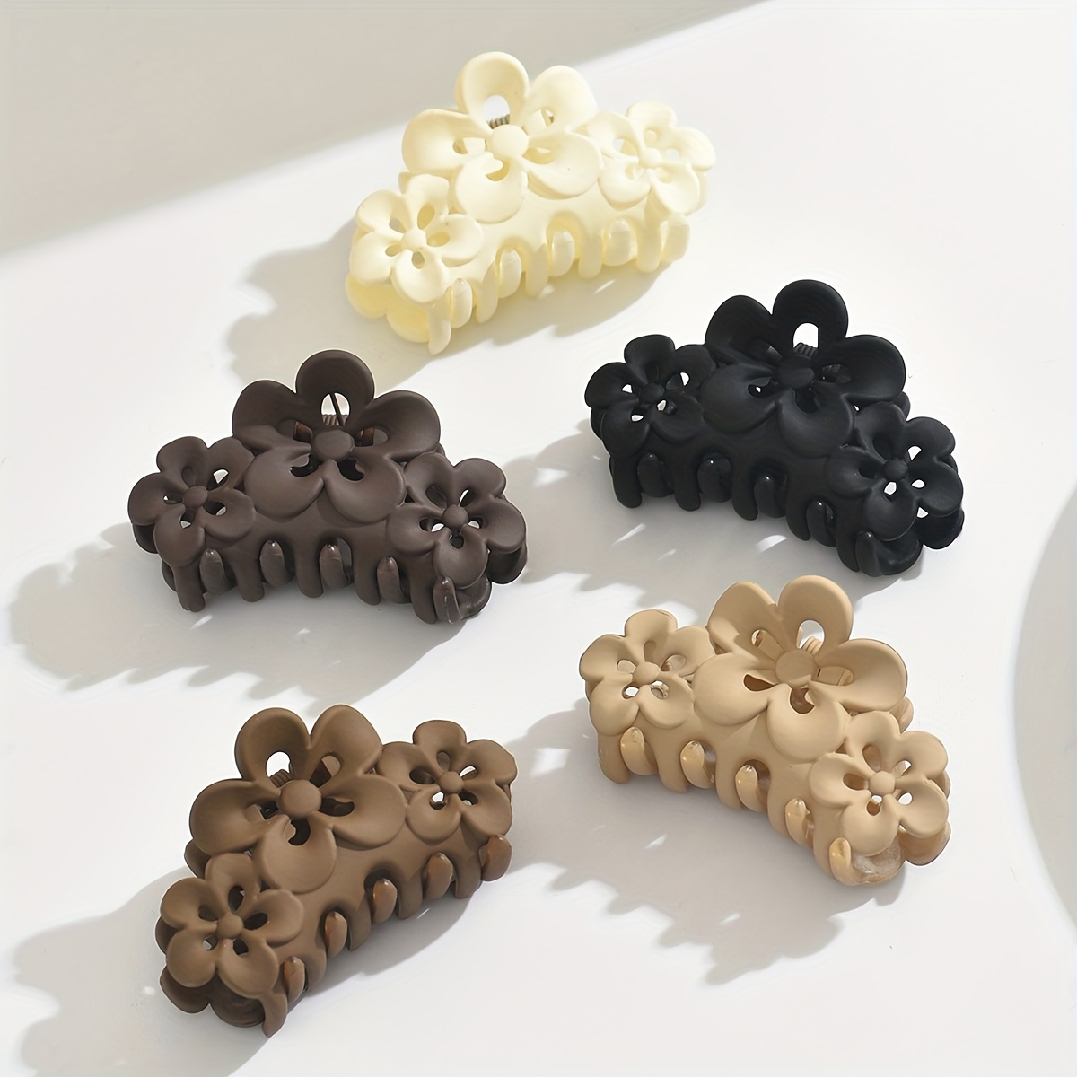 

5-piece Set Matte Coffee Brown Hair Claw Clips - Elegant Hollow Flower Design, Medium Size For Women & Girls - Perfect For Everyday Wear & Vacations
