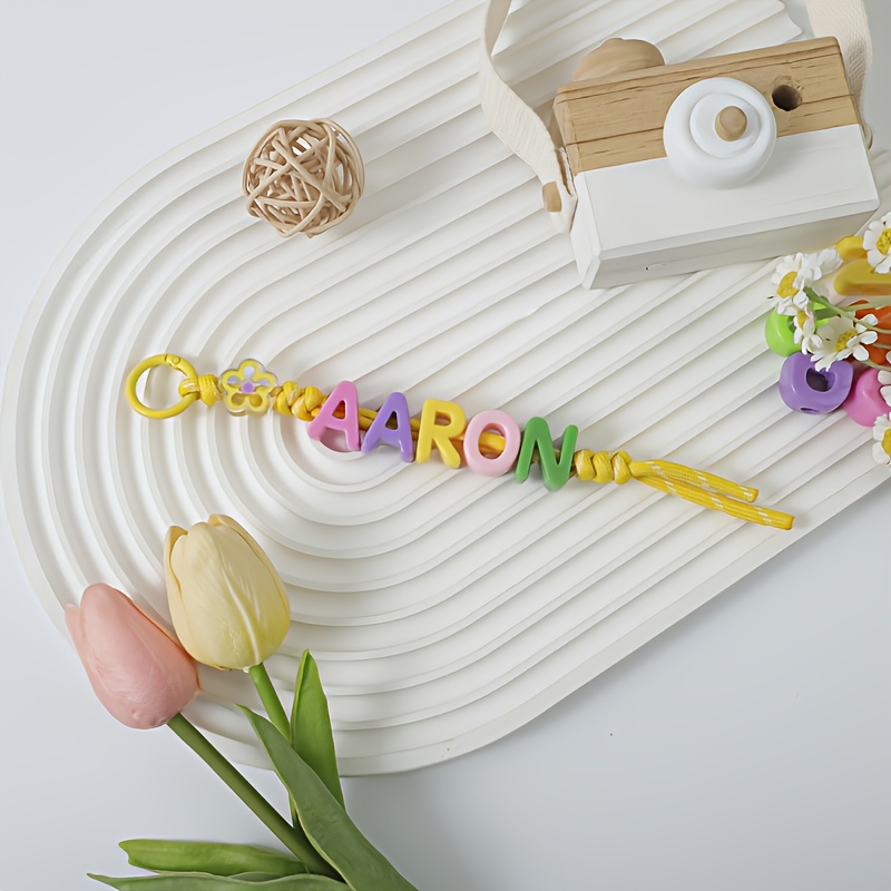 TEMU [diy Customization] 1pc Custom-made Multicolor Acrylic Bead Letter Woven Colorful Rope Keychain, Customizable Text, Personalized Multicolor