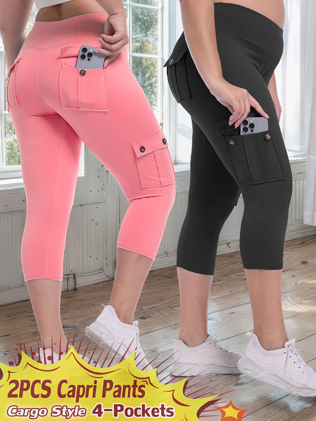 2pcs high waist yoga capri pants set 4 way stretch lifting tummy on pockets spandex material solid color three quarter length sports style for workout running spring brand workout leggings highwaist pants stretchy fabric yoga pants