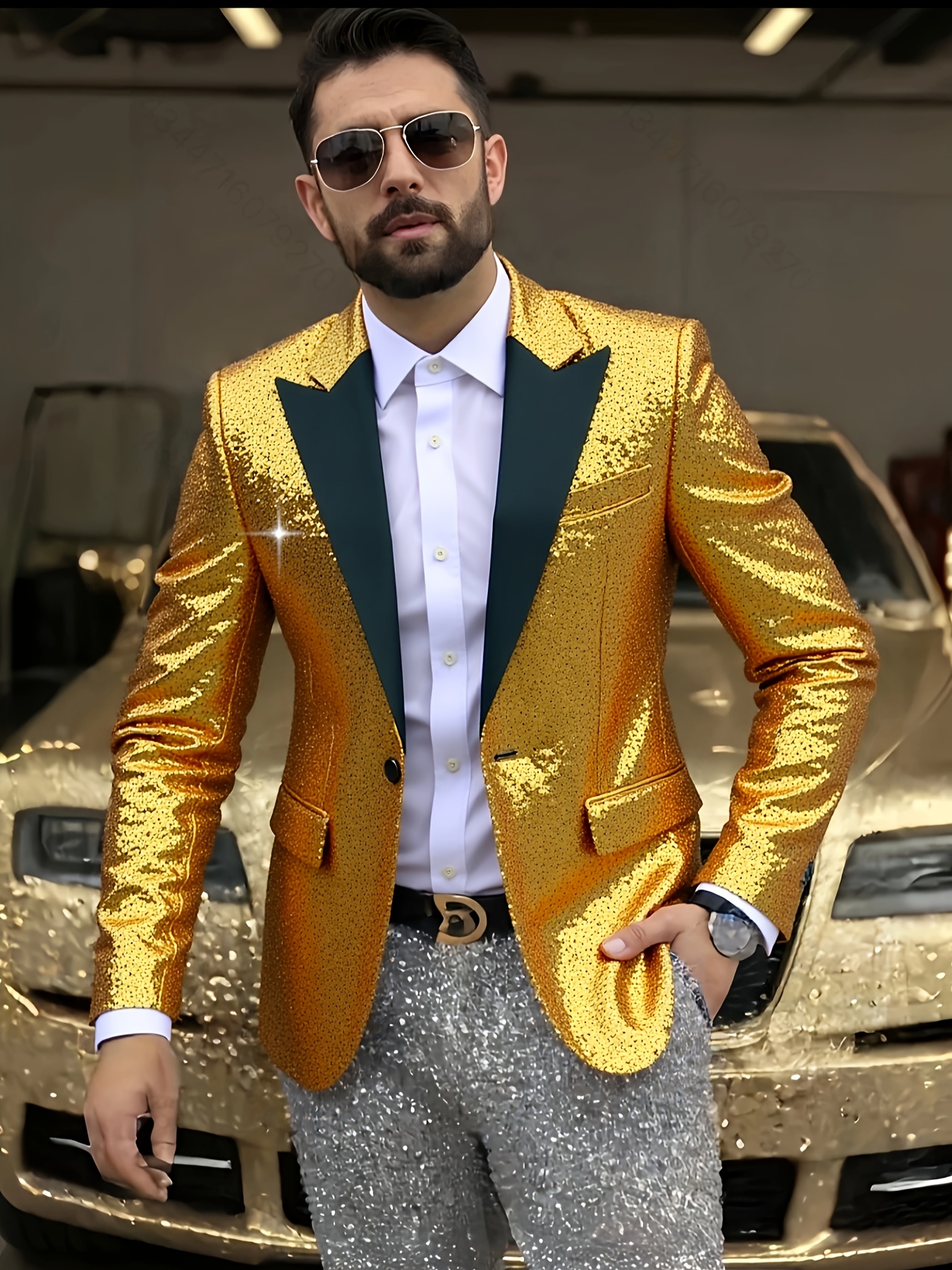 *'s Black & Golden Sequin * Jacket - * Fit Long Sleeve Party Suit Coat with  Pockets, Sparkling * Design for Nightclubs, Performances