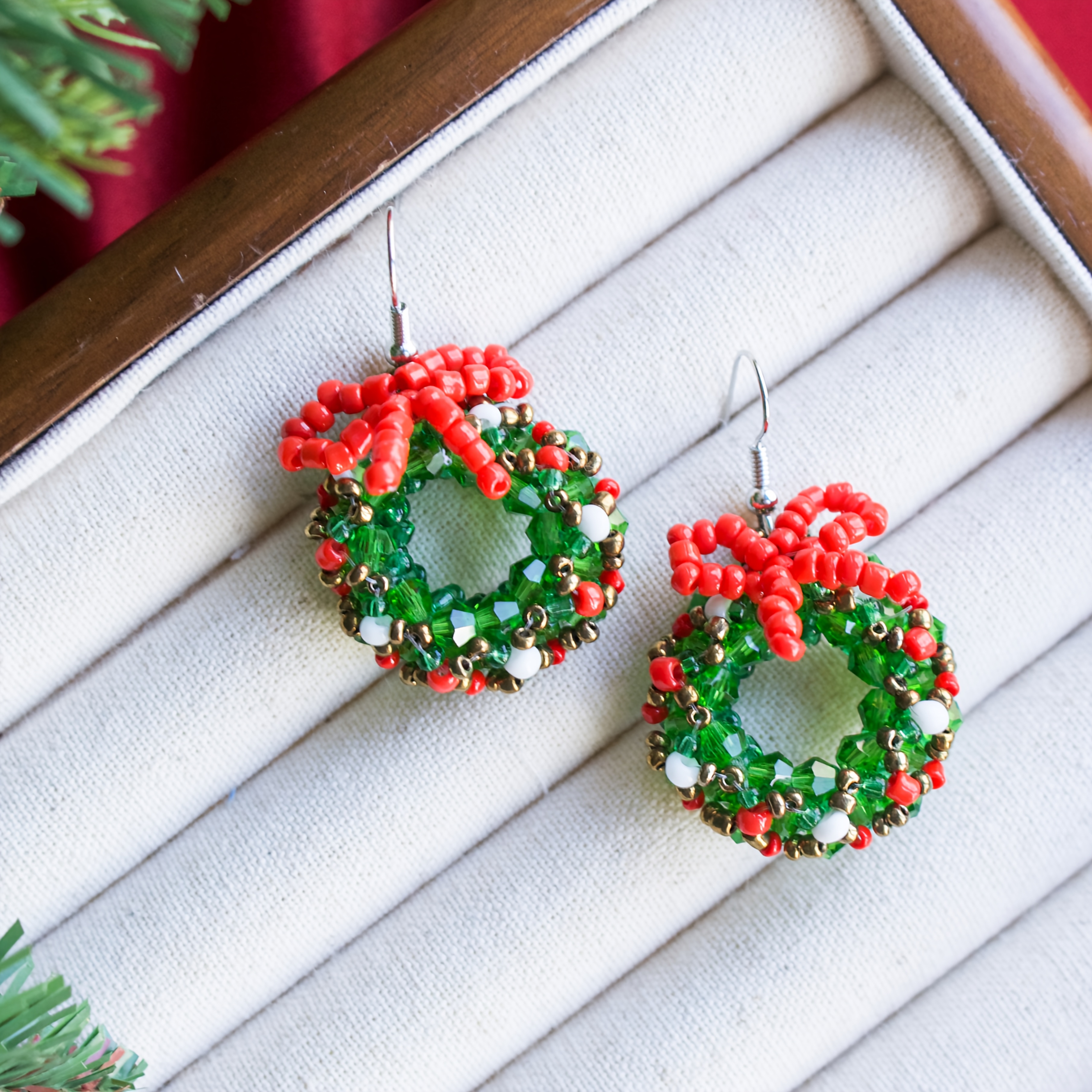 Women's Bohemian Red & Green Beaded Drop Earrings