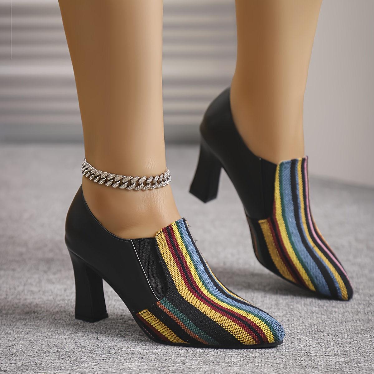 Women's Retro Chunky High Heel Mary Jane Shoes - Pointed Toe with Multicolor Striped (Rainbow/Black) Faux Cover Upper, Comfortable Block Heel & TPU Sole, All-Season Versatile Dress Shoes for Casual & Formal Events
