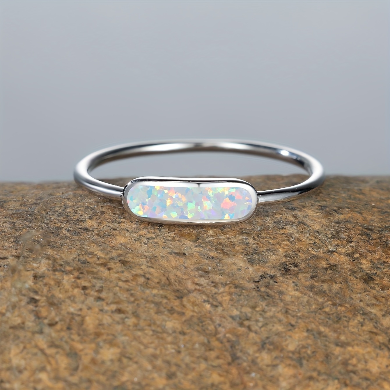 Women's 925 Silver Rectangular Synthetic Opal Ring, Fashionable