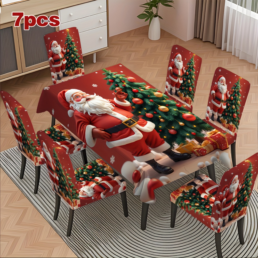 TEMU Set da 4/5/6/7 pezzi con natalizia di , 1 per sedia e tovaglia, ottimo per tavoli da e decorazioni per feste, rimovibile e lavabile, elastico,
