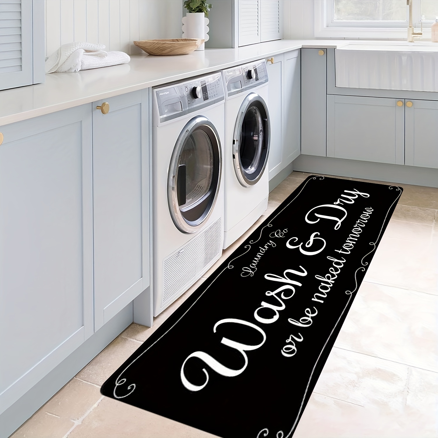 

1pc Black English Laundry Room Decorative Carpet, Printed Machine Washable Floor Mat, Soft And Comfortable - Perfect For Laundry Rooms, Hallways, Entrances, Kitchen Decoration