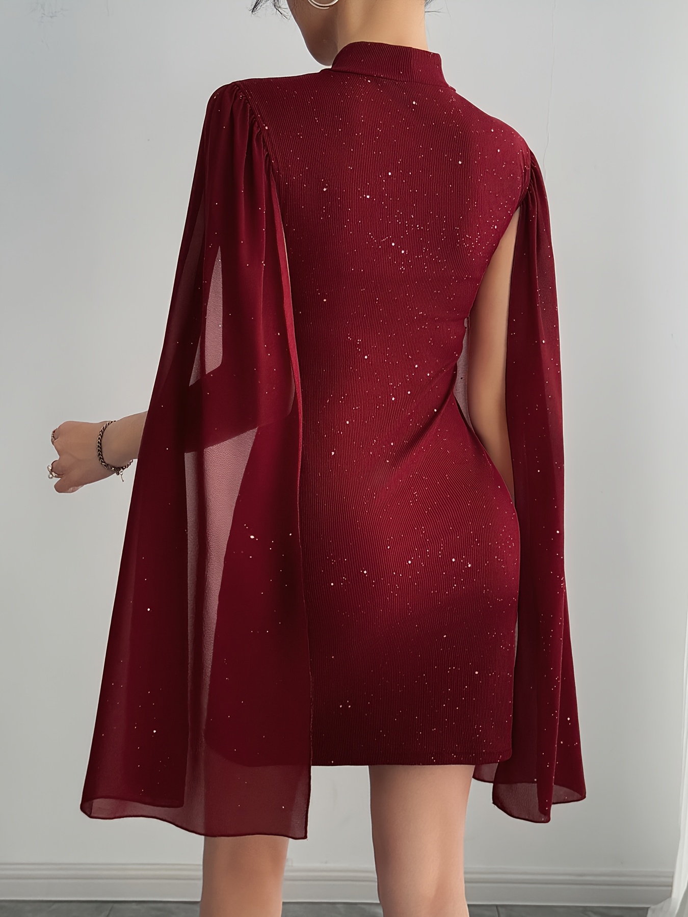 womens elegant maroon   dress with mesh sleeve round neck short   silhouette   fit short length machine washable winter formal dress for     holiday events comfortable party wear   3