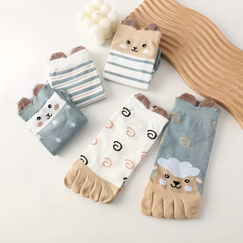 

5 Pairs Cute Animal Pattern 5 Toe Split Short Socks, Breathable & Comfy Ankle Socks, Women's Stockings & Hosiery