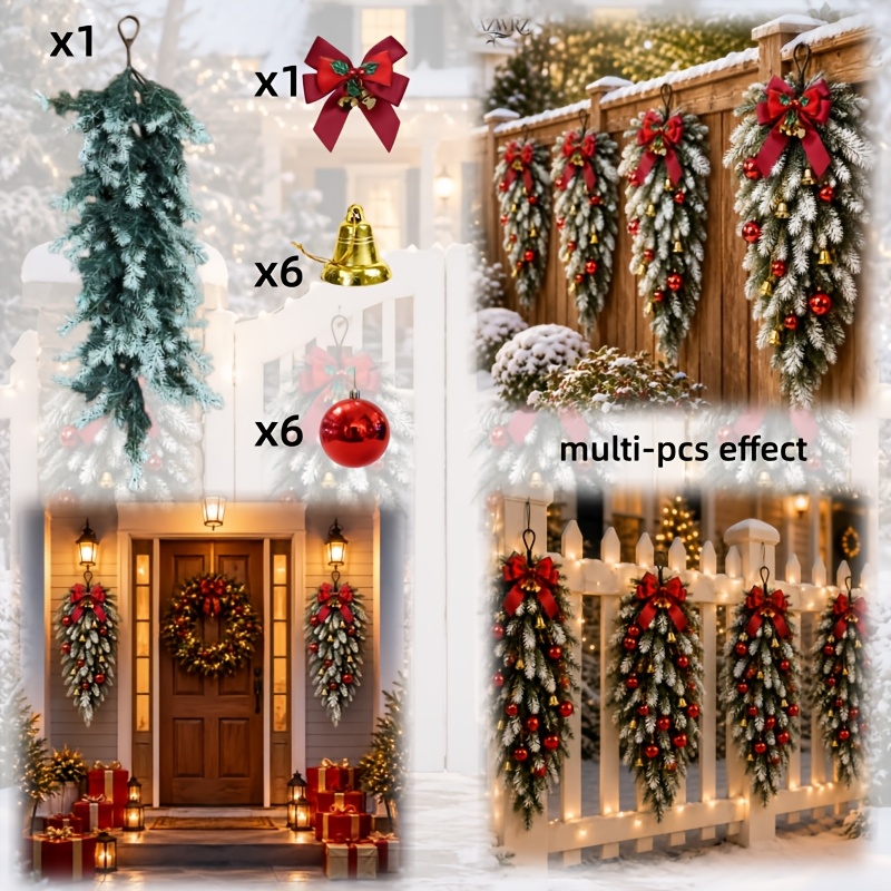 TEMU 14pcs Luxury Combination Set - Christmas Artificial Norfolk Pine With Red Bow And Golden Bell And Ornaments - Christmas Decor Kit, And Golden