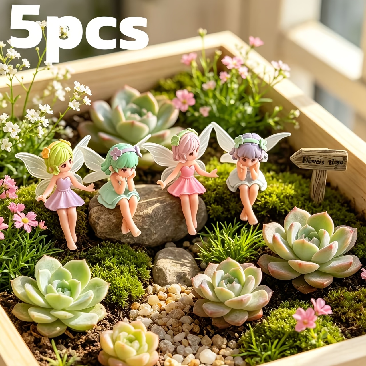 TEMU 5pcs, Winged Dopamine Flower Fairy And Plaque Resin Sculpture Ornaments, (including 4 Fairies And 1 Plaque) Garden Sculpture Ornaments, Suitable