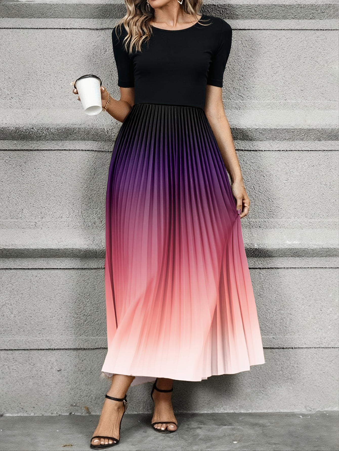 womens elegant ombre print dress black short sleeve round - Temu Norway