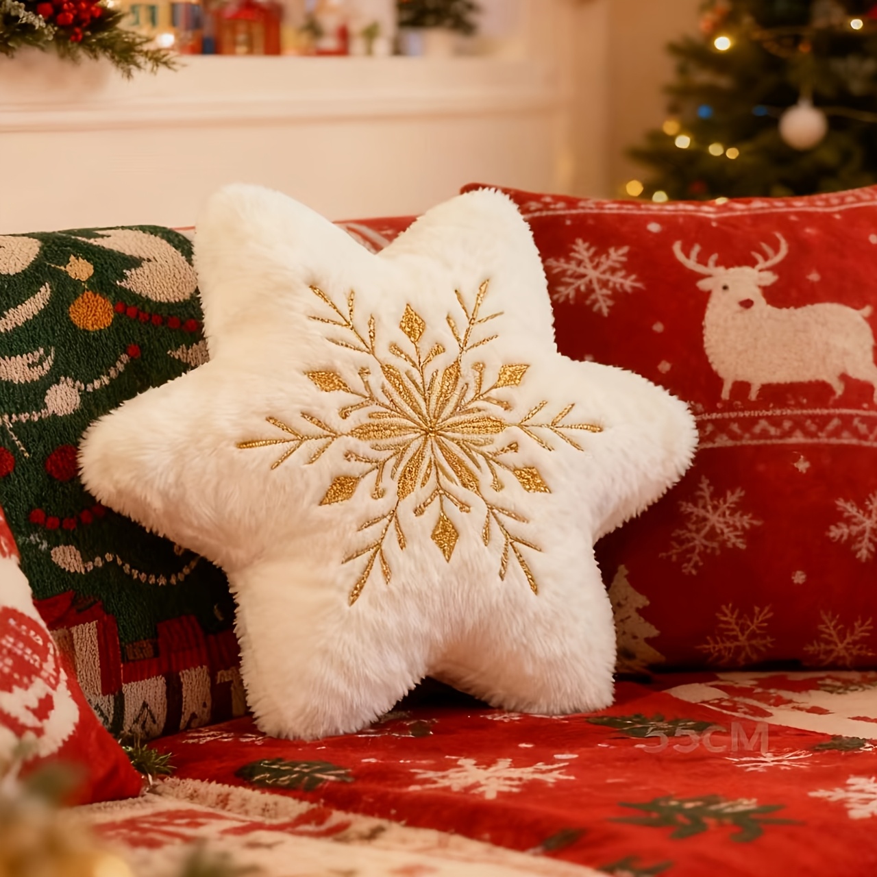 Christmas Snowflake-shaped Decorative Throw Pillow, Embroidered Snowflake Pillow, Single-sided Embroidery, 35cm, Filled With Pp.