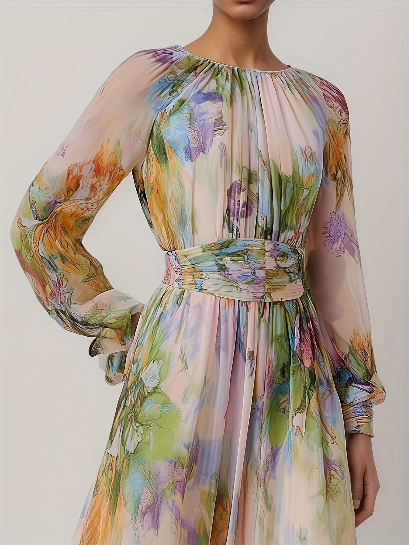 womens elegant floral print maxi dress flowy long gown with waist cinching belt   print in     machine washable formal casual dresses for wedding party vacation non stretchy fabric wedding guest outfit pleated details   bridal guest attire light beige 0
