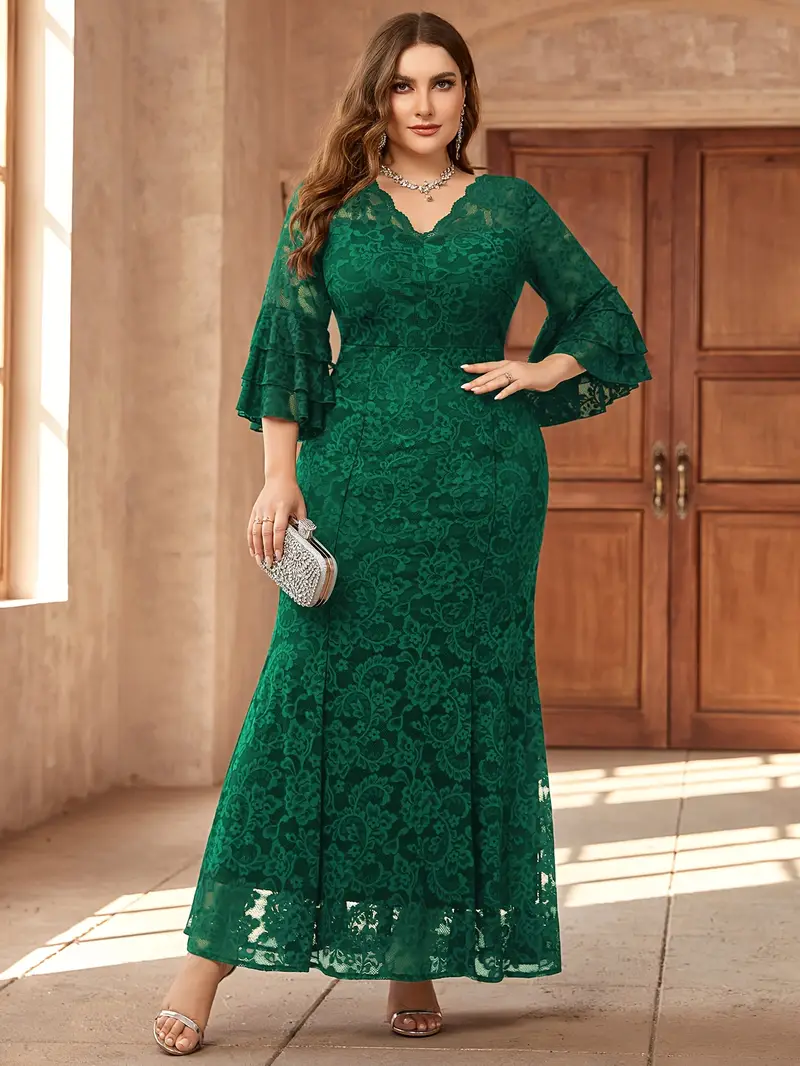 Plus Size, Plus Size V-Neck Floral Lace Ruffle Sleeve Mermaid Dress - Elegant Bodycon Long Formal Evening Party Gown, Machine Washable * * Plus Size, Plus Size V-Neck Floral Lace Ruffle Sleeve Mermaid Dress - Elegant Bodycon Long Formal Evening Party Gown, Machine Washable * *