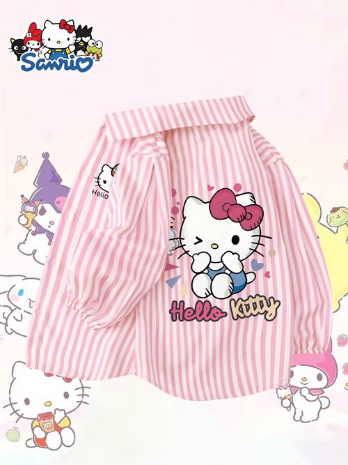 a long sleeved collared shirt for spring and autumn featuring series of pink striped cartoon fun double sided prints by this lightweight jacket is suitable for girls aged 3 and above