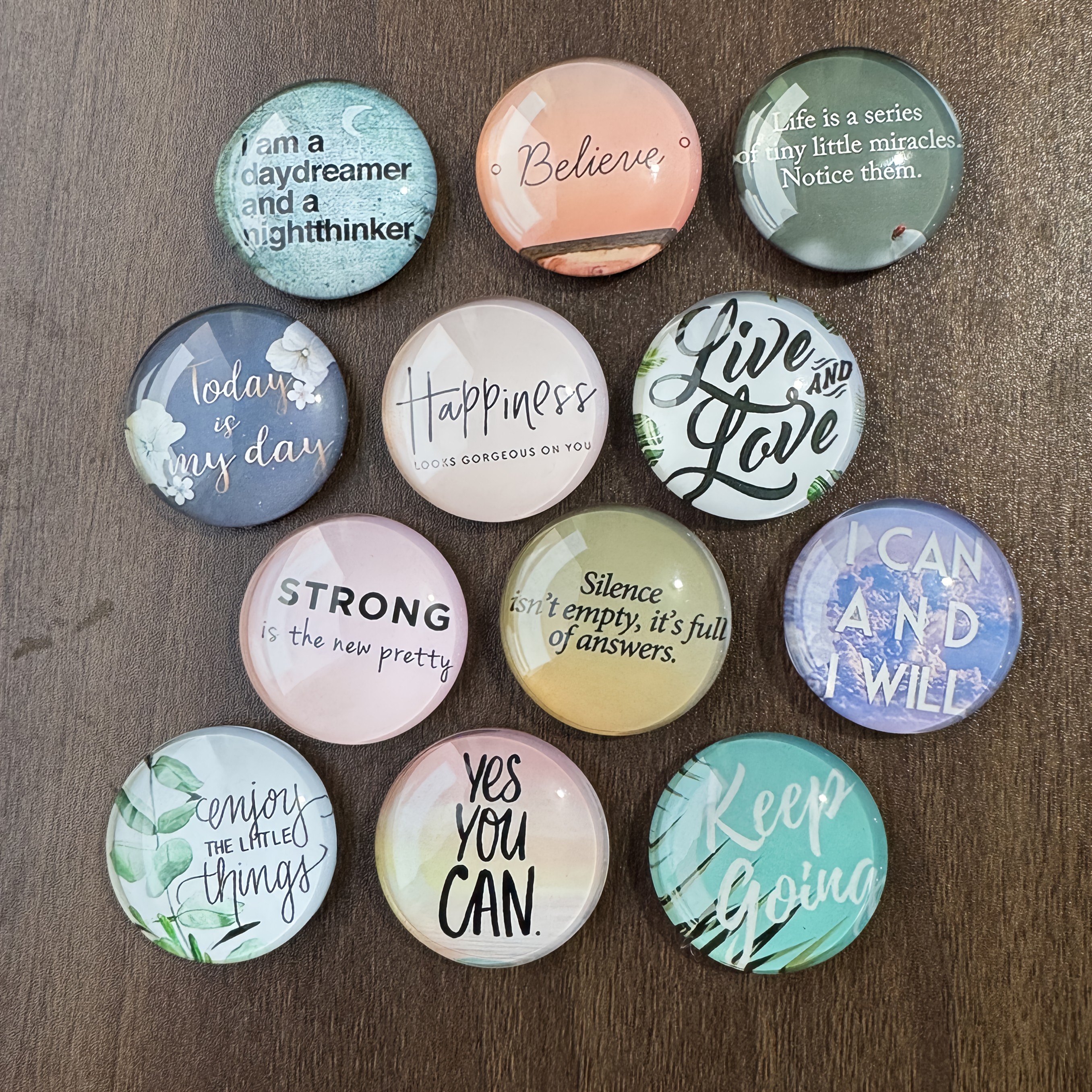 Image of Colorful Motivational Phrases For Fridge Magnets In English, Featuring Designs On Magnetic Pieces