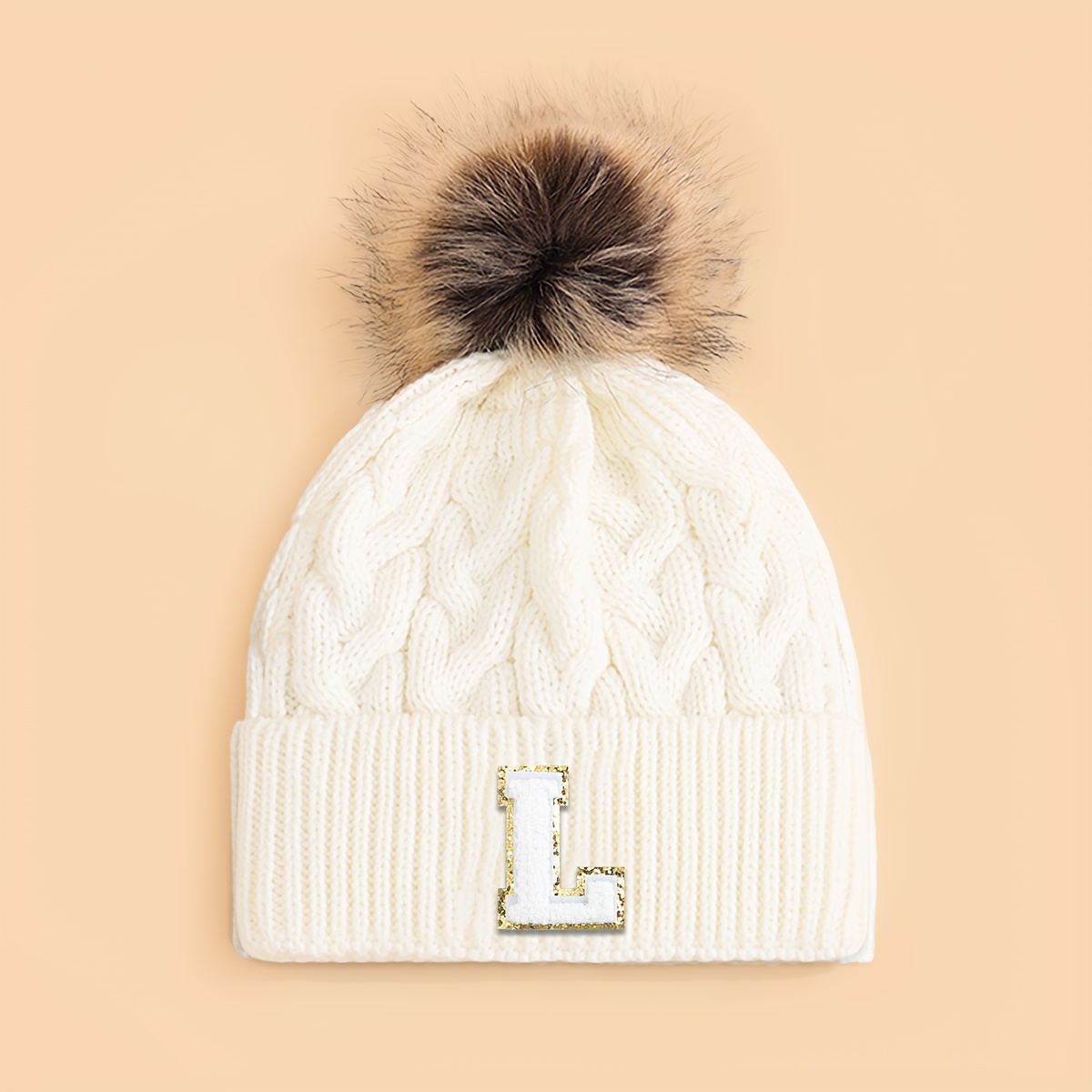 Image of 1pc Hat, 26-letter Hairball Knitted Cap, Soft, Comfortable, Warm, Fashionable And Versatile. Winter Hat Suitable For Boys And Girls To Wear And When Going Out. A Great Gift