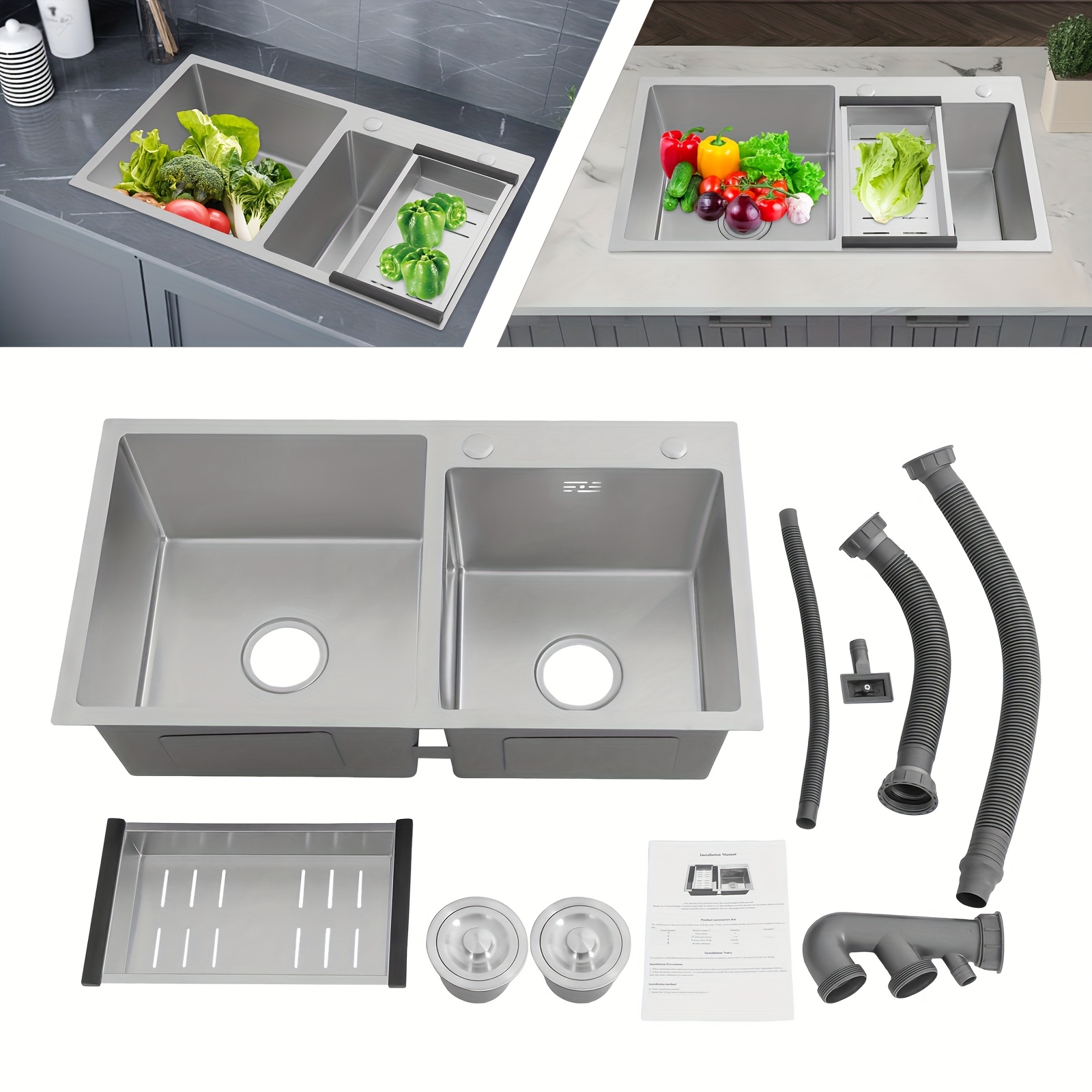 TEMU Lavello da cucina moderno in acciaio inossidabile, lavello a lavandino a incasso e a montaggio con tubi di scarico e cesti per frutta (30.71 X