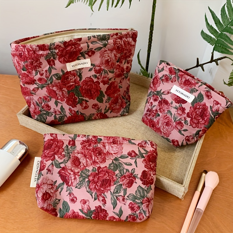 

Retro Floral Pattern Women's Makeup Bag - Spacious Foldable Makeup Storage Bag With Sanitary Napkin Pocket, Portable Travel Toiletries Storage, Multifunctional Coin Purse And Pencil Case