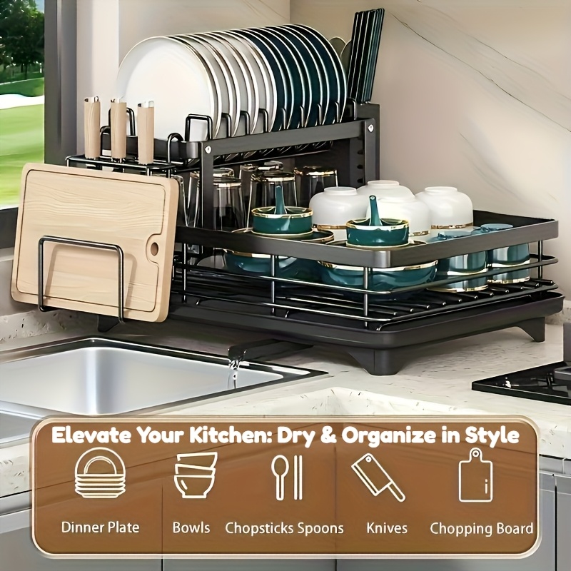 heavy duty dish drying rack space saving 2 tier dish drainer with   plate bowl cup knife fork rack   organizer for countertop sink ideal mothers day gift for women   use   durable construction small   Product details 0