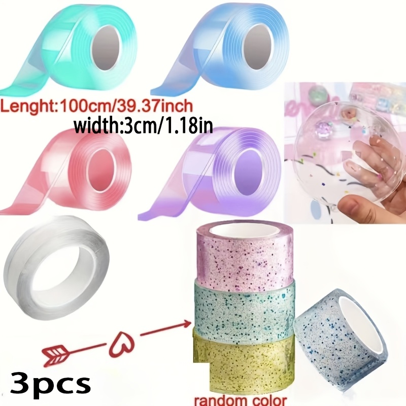 TEMU 3pcs Random , Large Size, 3 Rolls, Width 1.18 Inches, Length 39.37 Inches, Shiny Transparent Nano Double-sided Tapes, Reusable, Strong Adhesive,