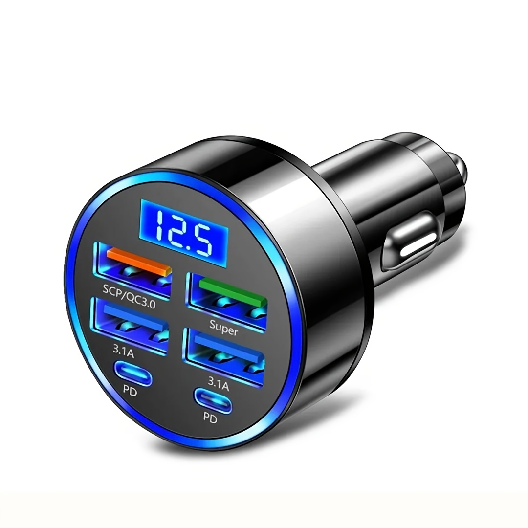 TEMU Caricatore per auto, dotato porte USB e 2 porte Type-C, display digitale intelligente con rilevamento della tensione, per USB -C, adattatore