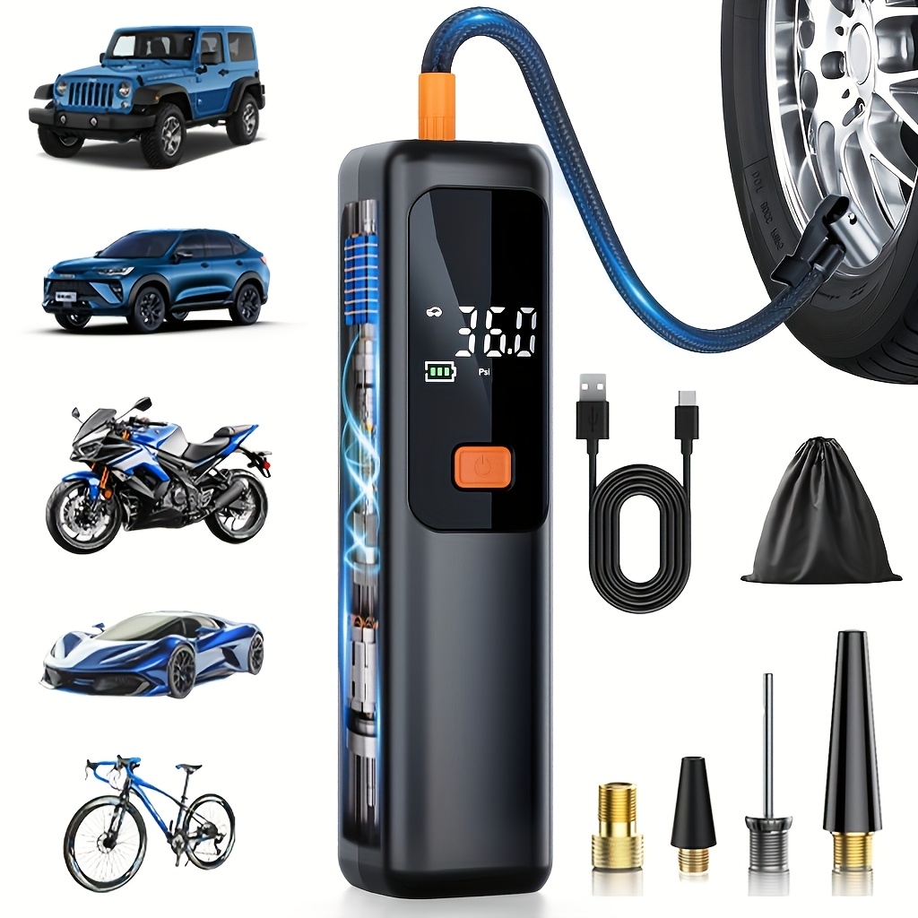 TEMU Portable Tire Inflator Air Compressor, 150psi Cordless Electric Pump With Led Light, Usb Charging, Lithium Battery Portable Design, Suitable For