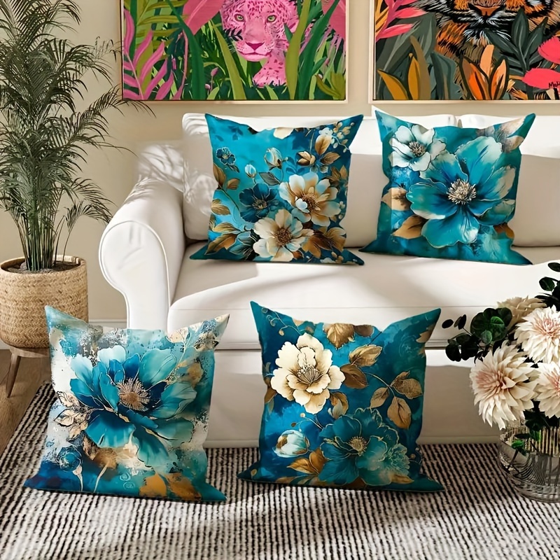 

4pcs, Turquoise Botanical Floral Linen Pillow Covers, 18x18 Inches, Soft Textured Luxury Throw Cushion Cases For Modern Living Room Sofa, Office Decor,