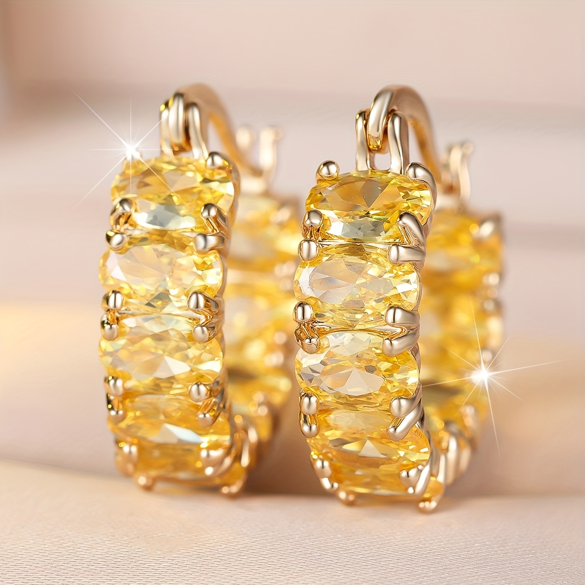 Image of Angol 2pcs Elegant Light Luxury Egg-shaped Yellow Statement Earrings With Ear Cuffs For Women, Fashionable, , Versatile Design, Niche Accessories