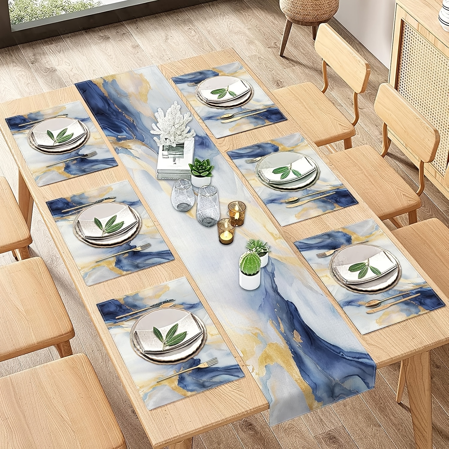 

Elegant 1pc Linen Table Runner & Set Of 6 Placemats - Abstract Art , 100% Linen, Rectangular (13x48/72/108 Inch) For Sophisticated Dining Decor