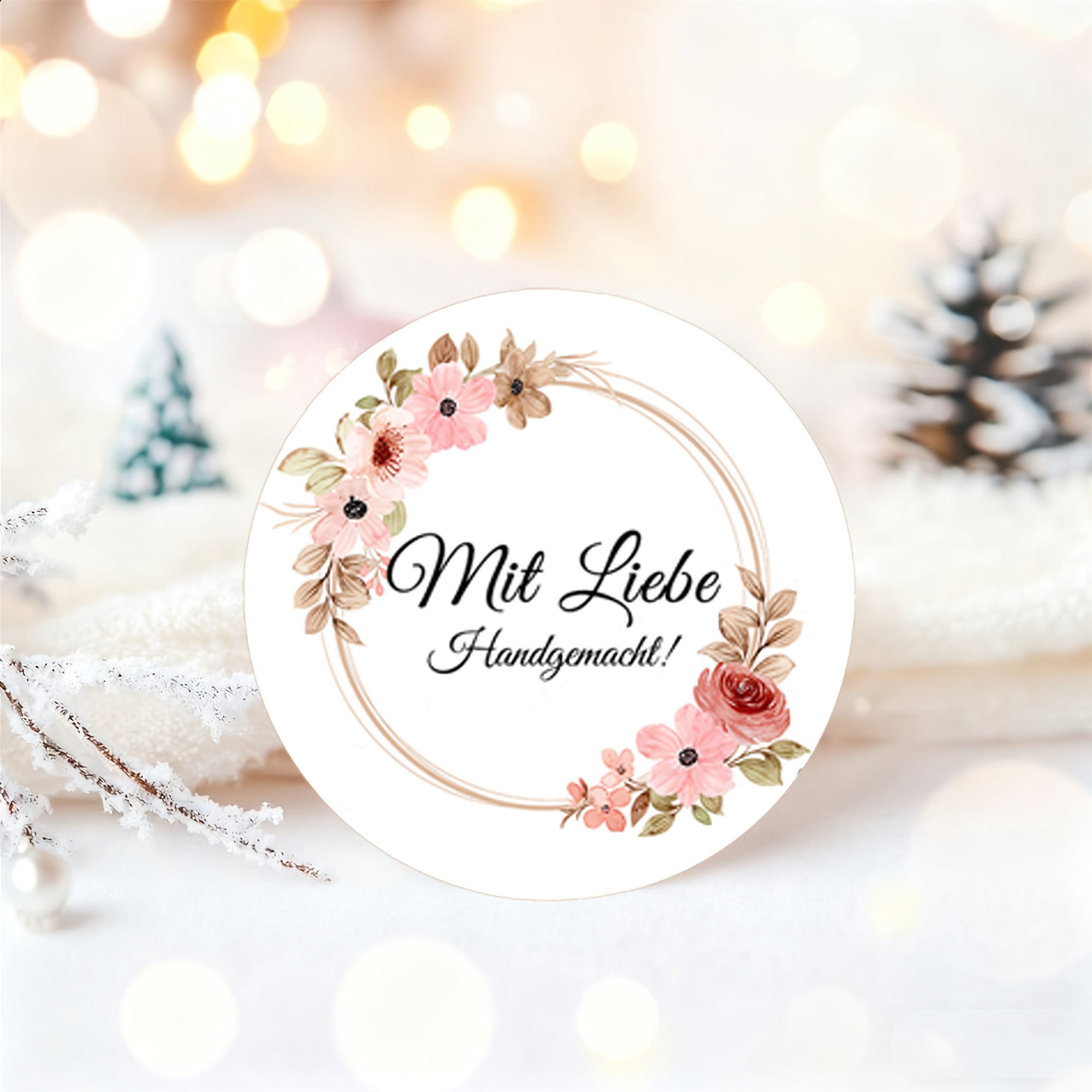 Image of 72 Watercolor-style Round Stickers With Beige Rings And Wreaths, Featuring The " Handmade!" Theme. Suitable For Gift Tags, Gift Boxes, Envelopes, And Premium Gift Wrap