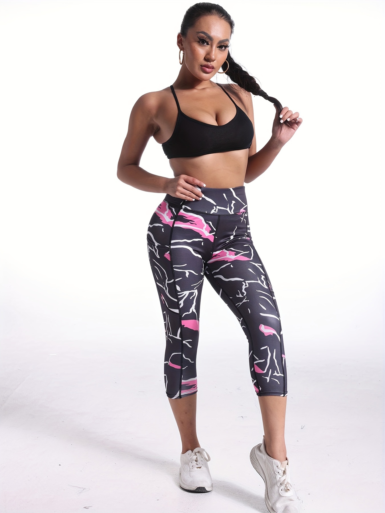 Stretchy Skinny Capri Leggings With Pocket, High Waist Butt Lifting  Tummy Control Running Sports Fitness Capri Pants, Women's Activewear