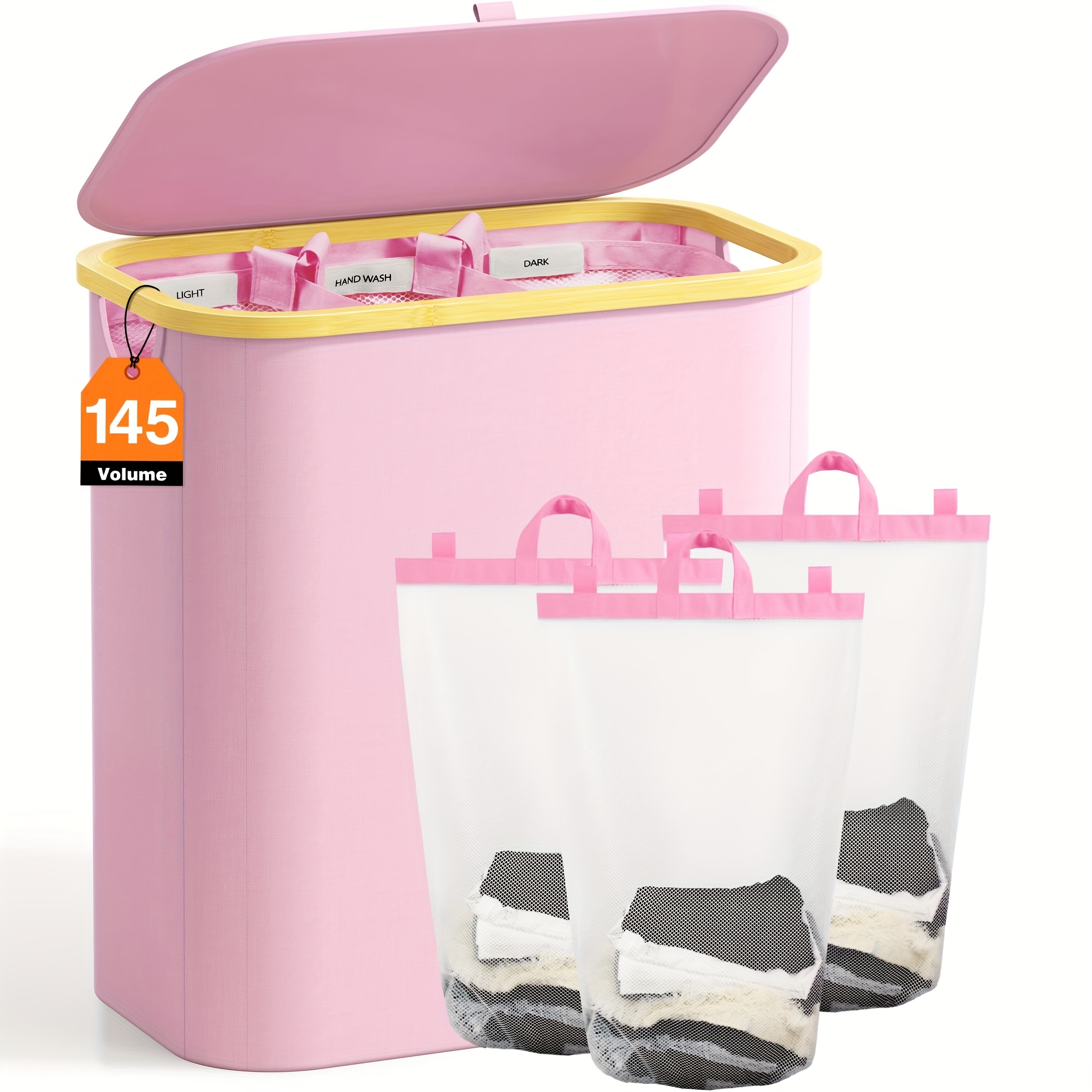 38.3gal Extra Large Pink Laundry Hamper with Lid - 3-Section Fabric Sorter with Removable Bags & Handles, Pre-Sorting Design for Efficient Laundry Room Organization, Ideal for Clothes, Toys, and More, Versatile Storage Solution | Decorative Storage | Clear Inner Bags, Laundry Baskets