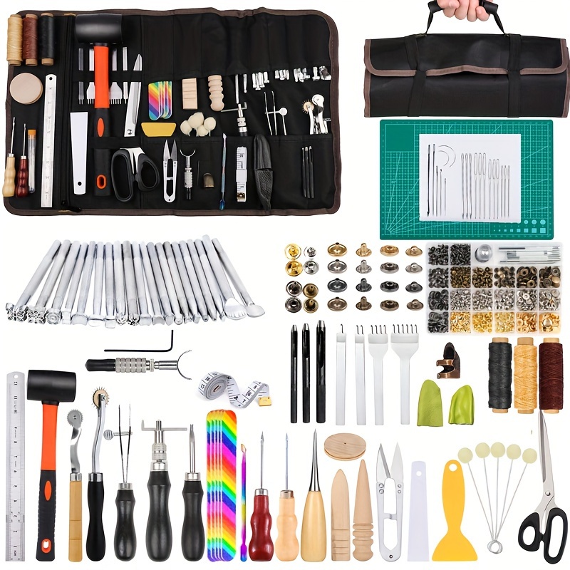 

328pcs Leather Tooling Kit: Leather Working Tools And Supplies, Leather Stamp Tools, Stitching Groover, Rivets Kit, Suitable For Beginners To Professionals - Made Of Stainless Steel