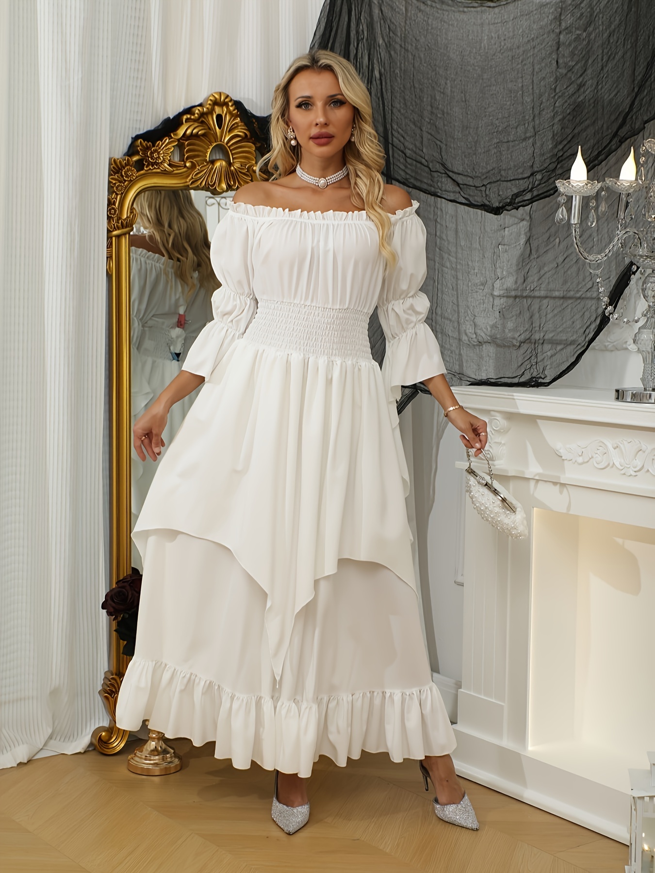 white ruffle off shoulder dress Ellura Ethereal White Ruffle Off-Shoulder Dress XS