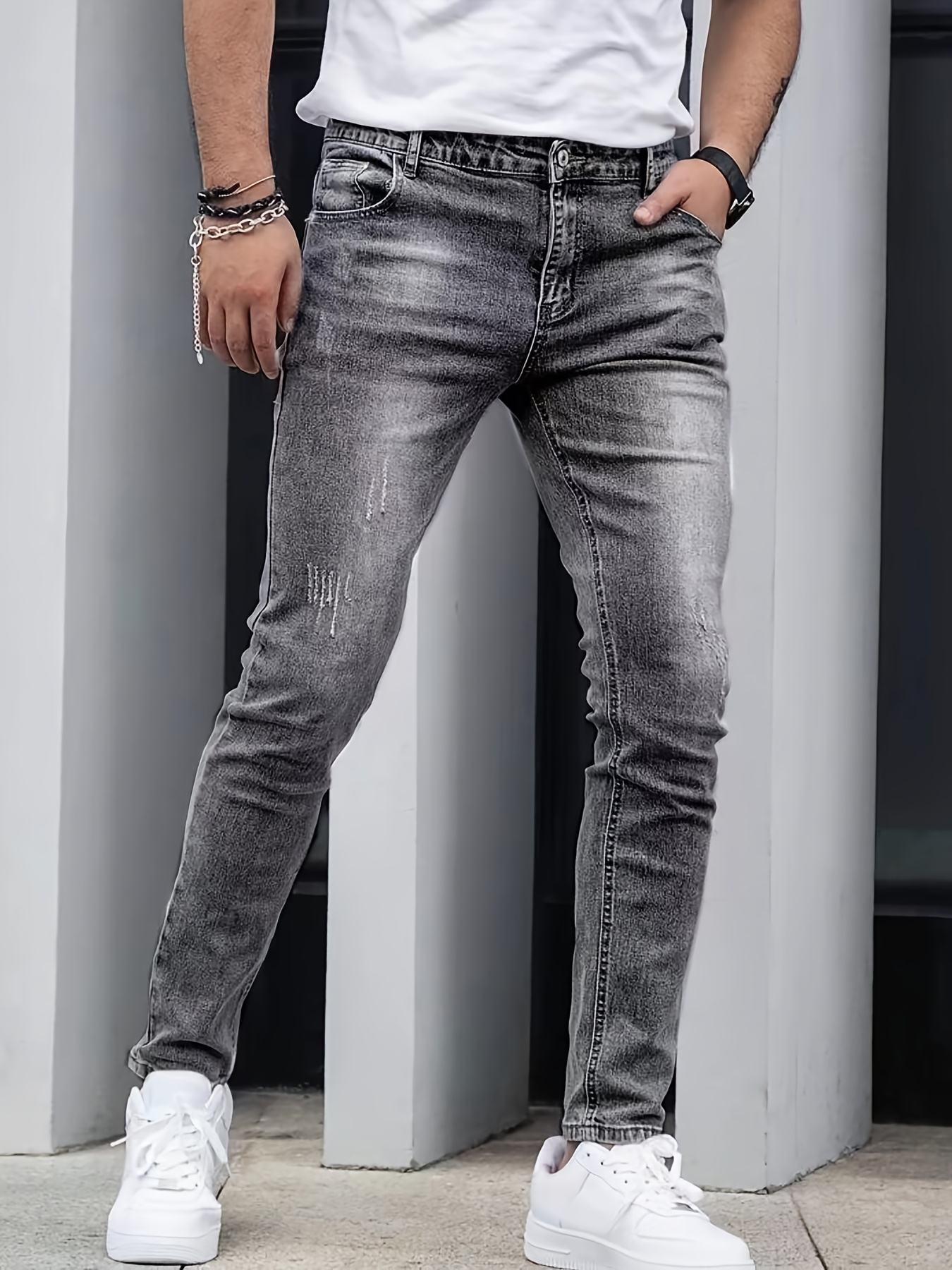 *'S Casual Washed Denim Jeans with Geometric Regular Fit, White  Black Contrast Stitching, Comfortable Everyday Jeans