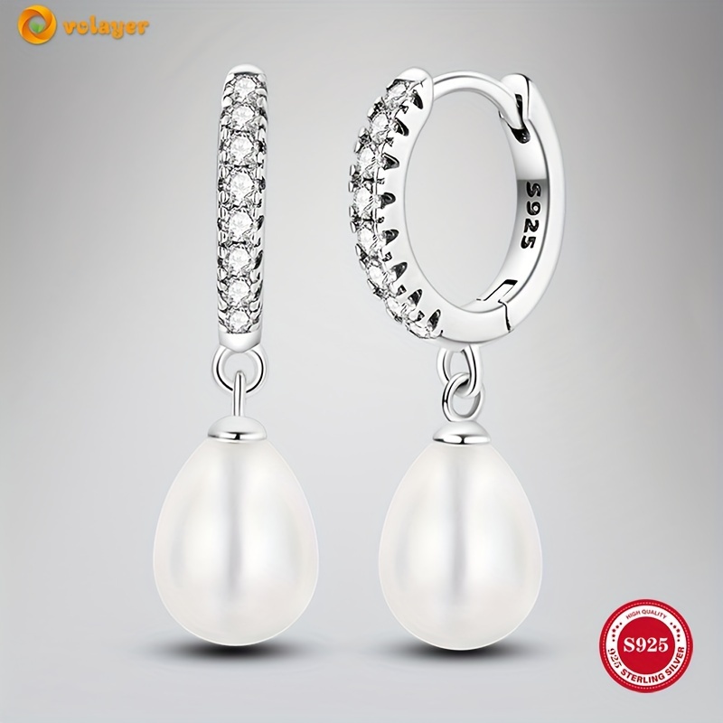 

925 Sterling Silver Teardrop Earrings With Elegant Faux Pearl Drop Accessories, Sparkling Zirconia Inlaid Hoop, Women's Exquisite Unique Jewelry For Sweet Wedding Party Accessory